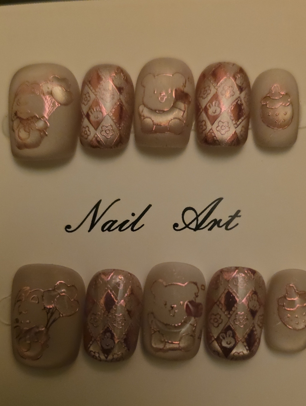 Matte Beige Nail Art Set with Rose Gold Accents Size Large